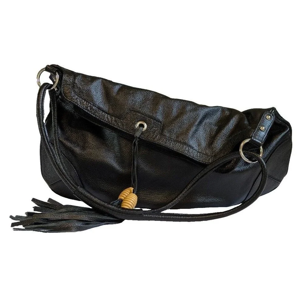 Elen Gotti Black Italian Leather Large Hobo Bag With Tassels